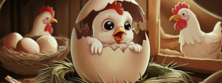 imagen ilustración de un pollito sorprendido al romper el huevo